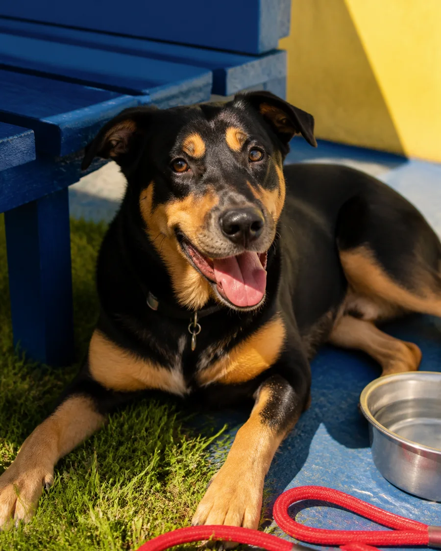 Cão descansando em cenário azul e amarelo